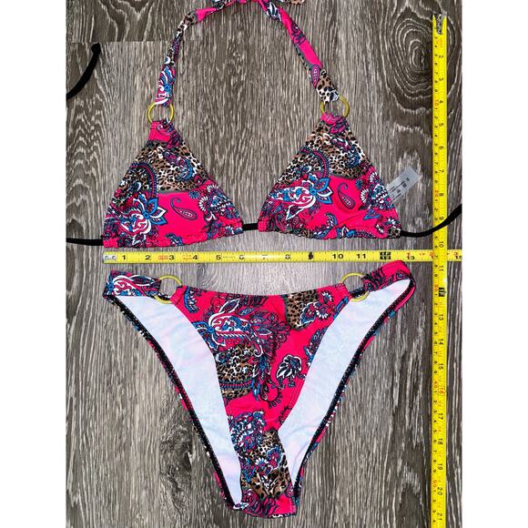 New‎ Small Pink Paisley Bikini Swimsuit Set O-Ring Triangle Padded Halter Retro - Picture 6 of 6
